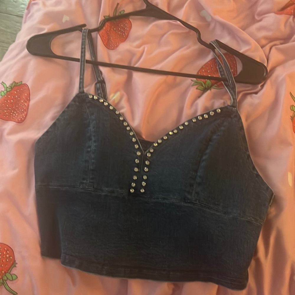 Jean shirt lined with rhinestones